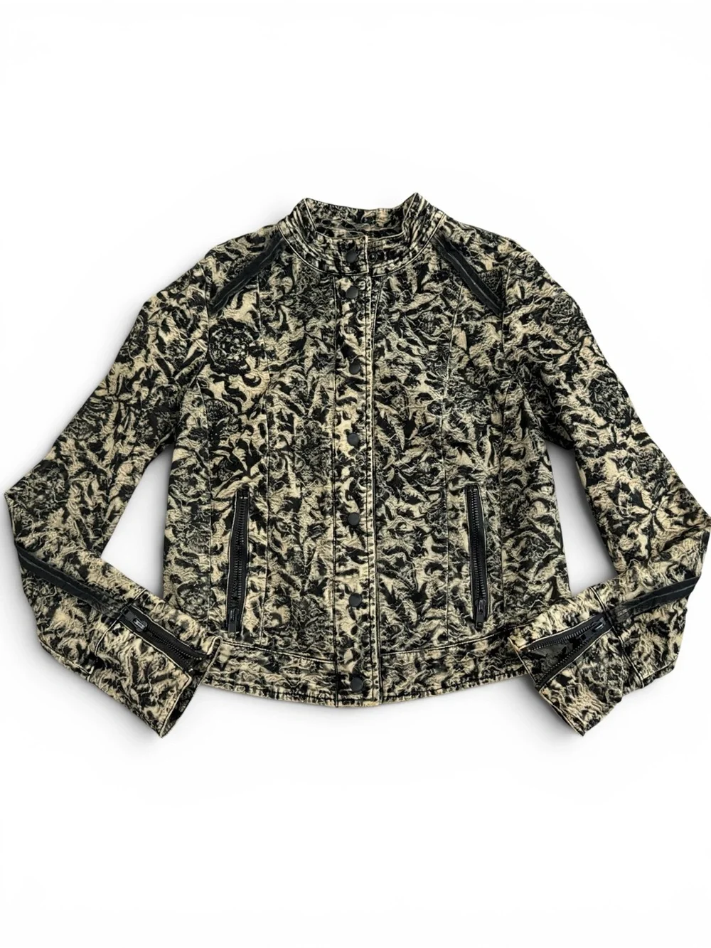 Free People Follow The Flock Moto Jacket 10 Black Floral Jacquard Whimsygoth
